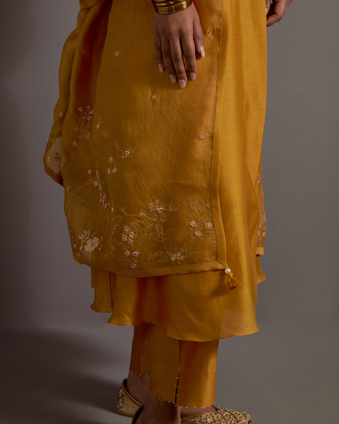 mustard yellow hand embroidered back pleated kurta set