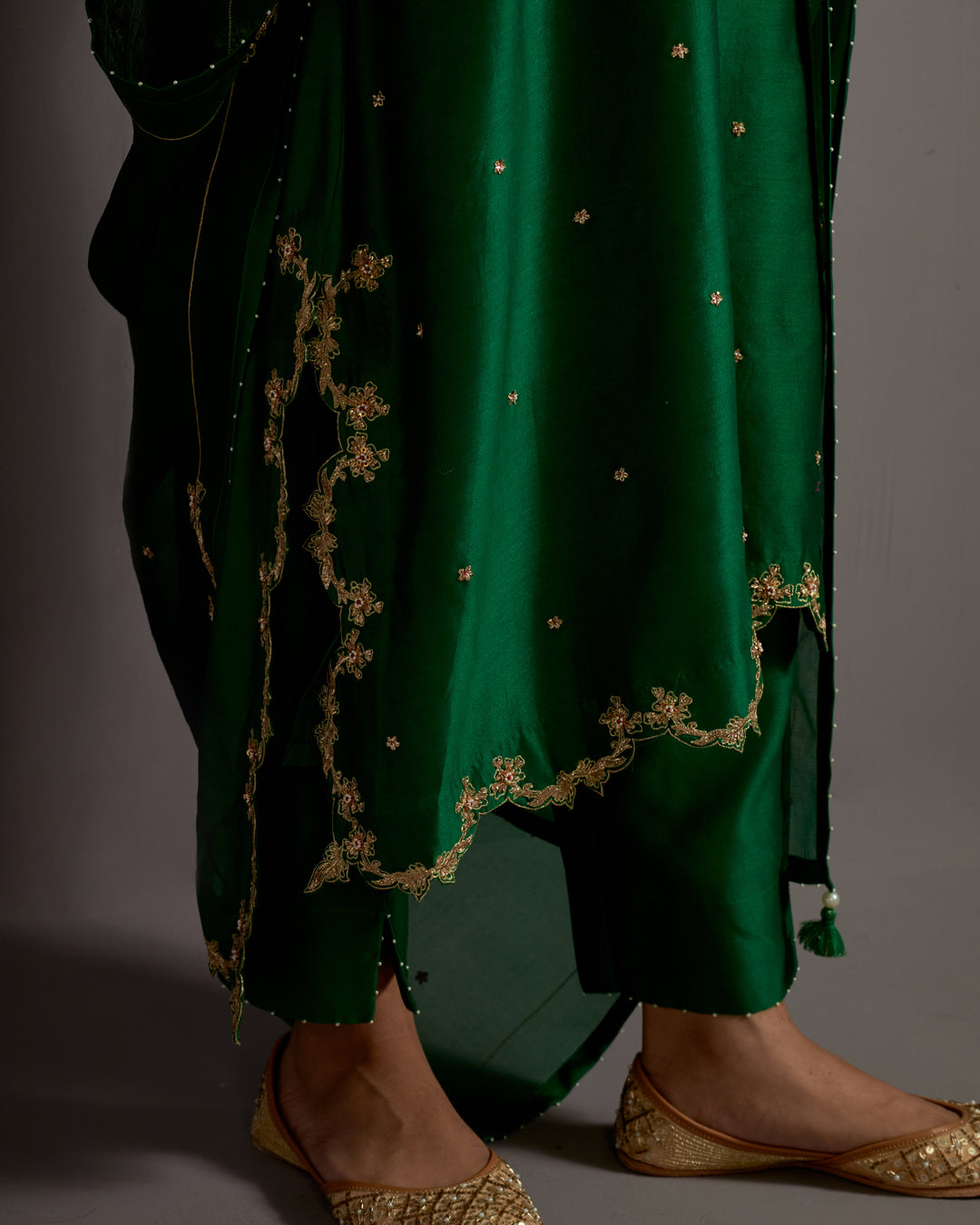 green hand embroidered a-line kurta set
