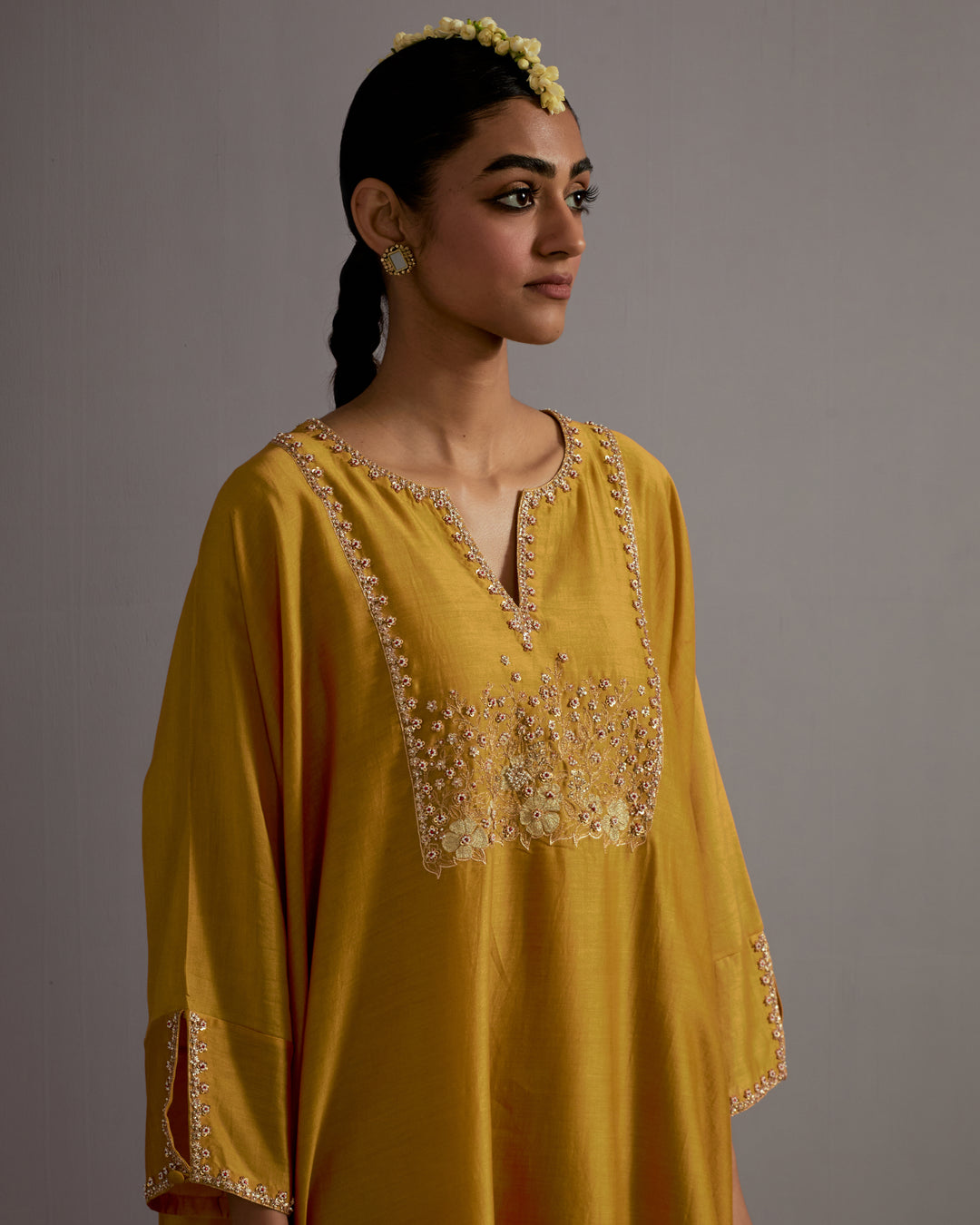 mustard yellow hand embroidered kaftan with pant
