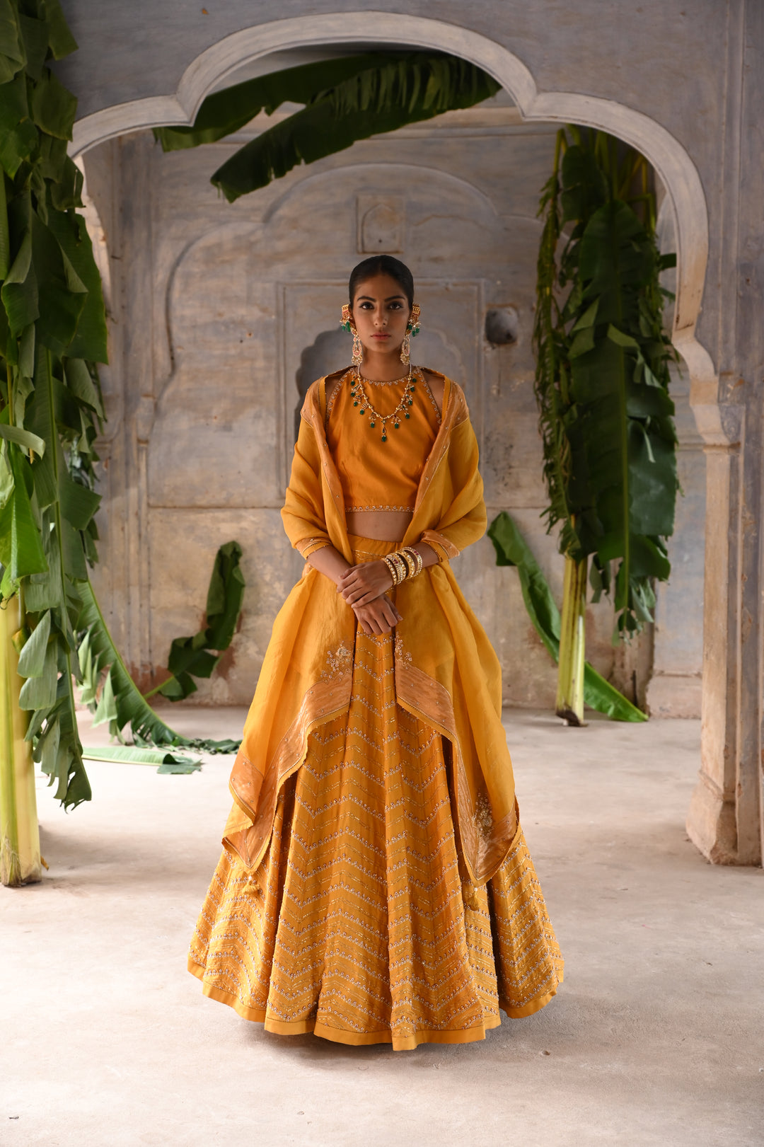 mustard yellow hand embroidered lehenga set