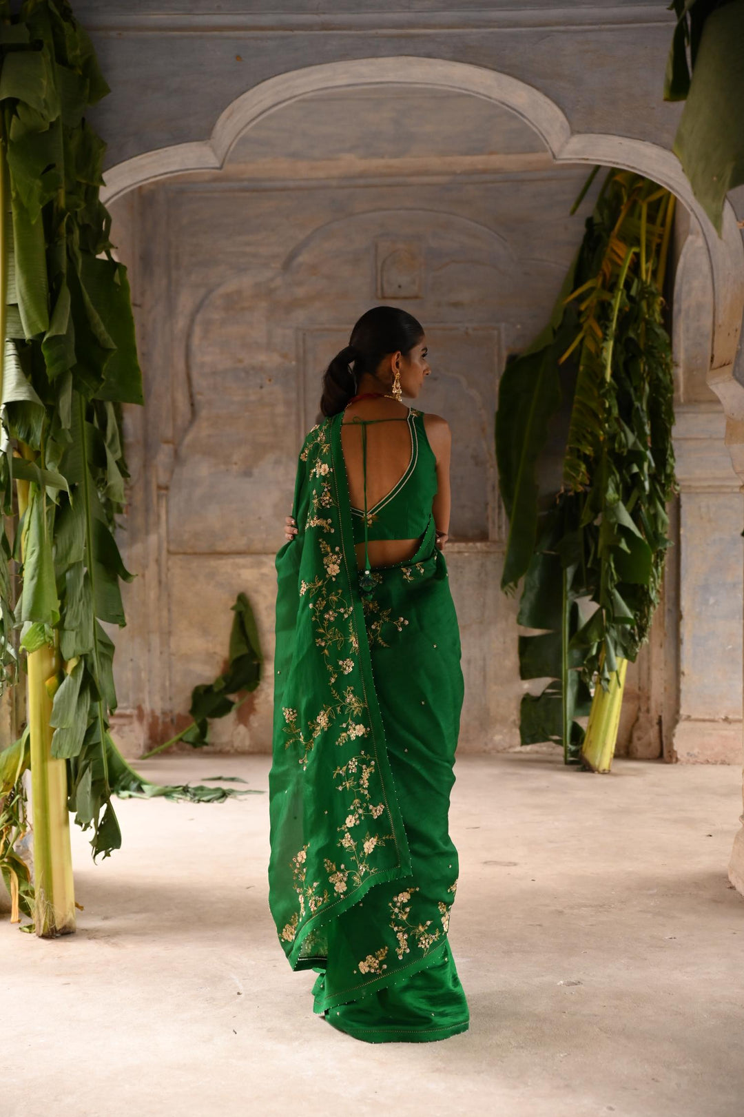green half organza and half silk saree