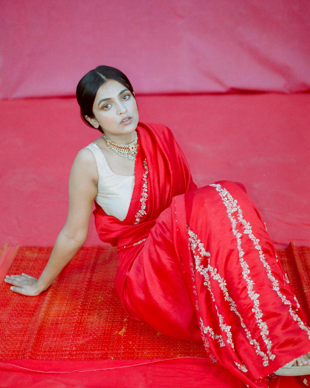 red hand embroidered saree and blouse