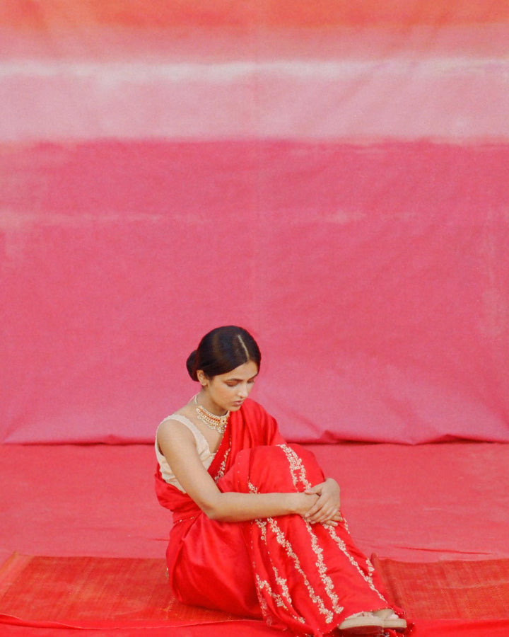 red hand embroidered saree and blouse