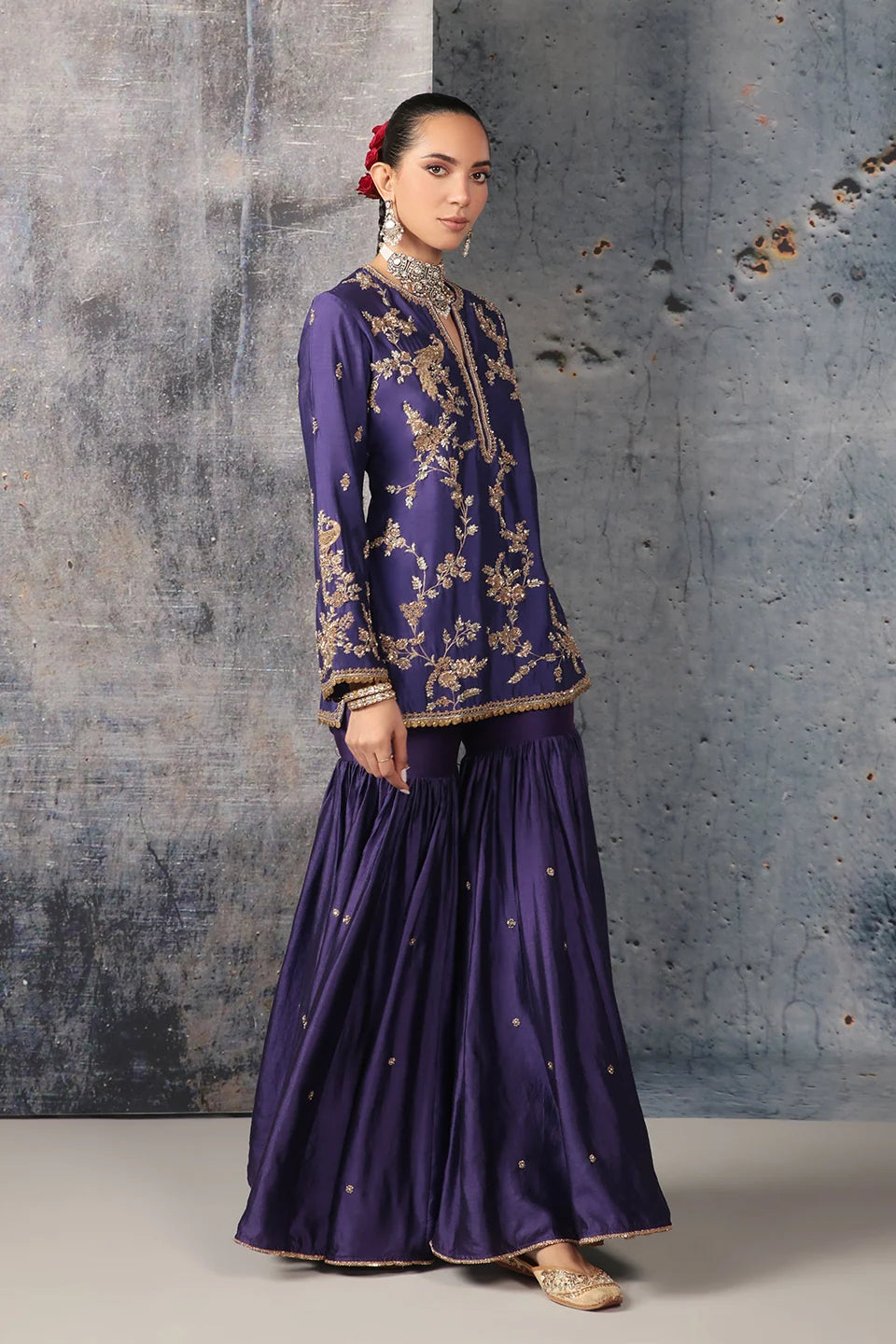 Zar-Rang Purple Jaal Sharara Set