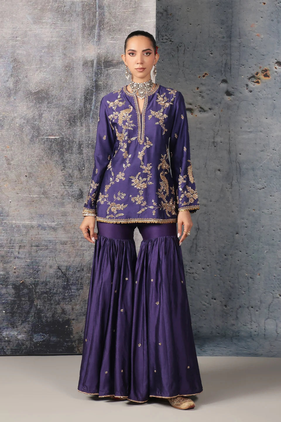 Zar-Rang Purple Jaal Sharara Set