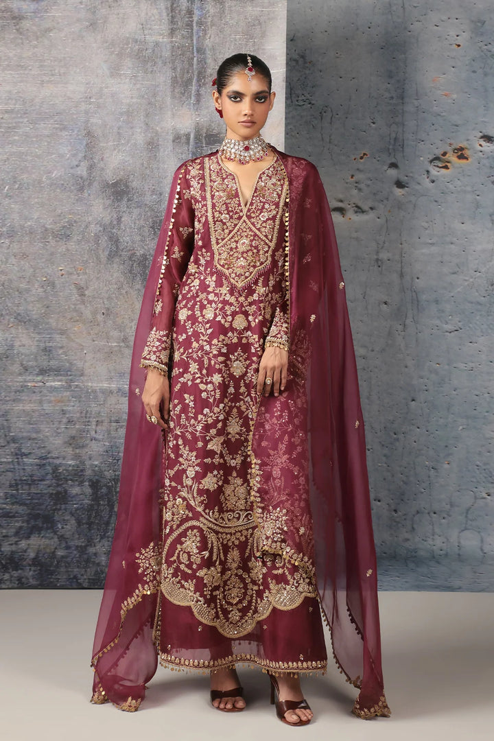 Zar-Rang Wine Long Jaal Kurta Set