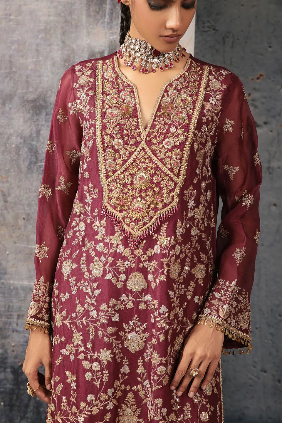Zar-Rang Wine Long Jaal Kurta Set
