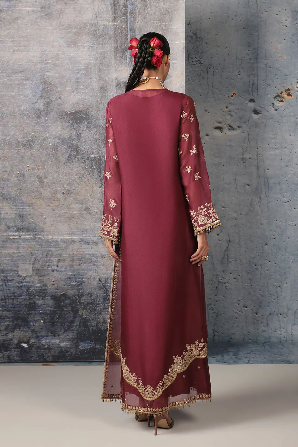 Zar-Rang Wine Long Jaal Kurta Set