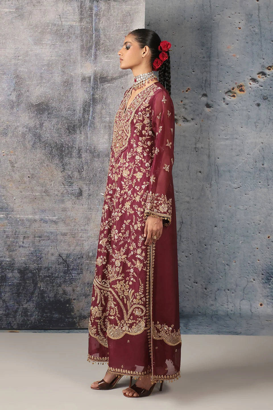 Zar-Rang Wine Long Jaal Kurta Set