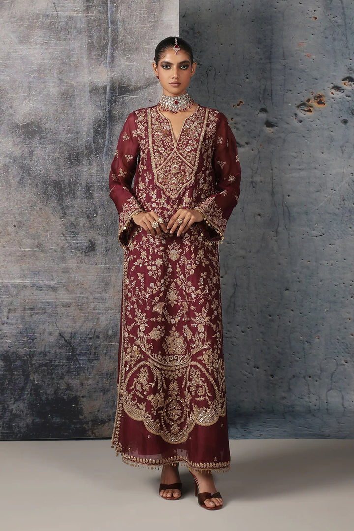 Zar-Rang Wine Long Jaal Kurta Set