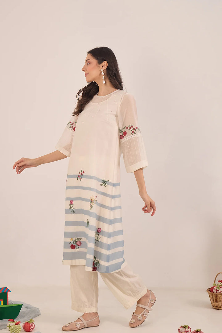Chinar: Chanderi Floral Embroidered Stripe Kurta Set - Ivory