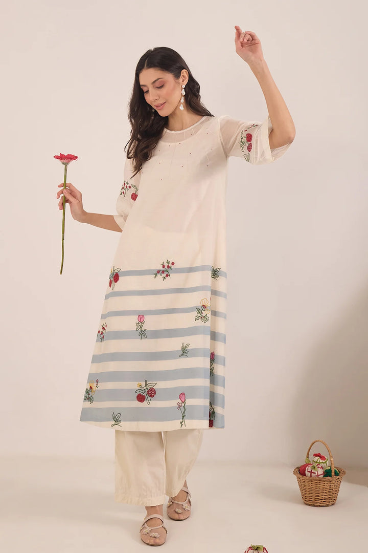 Chinar: Chanderi Floral Embroidered Stripe Kurta Set - Ivory