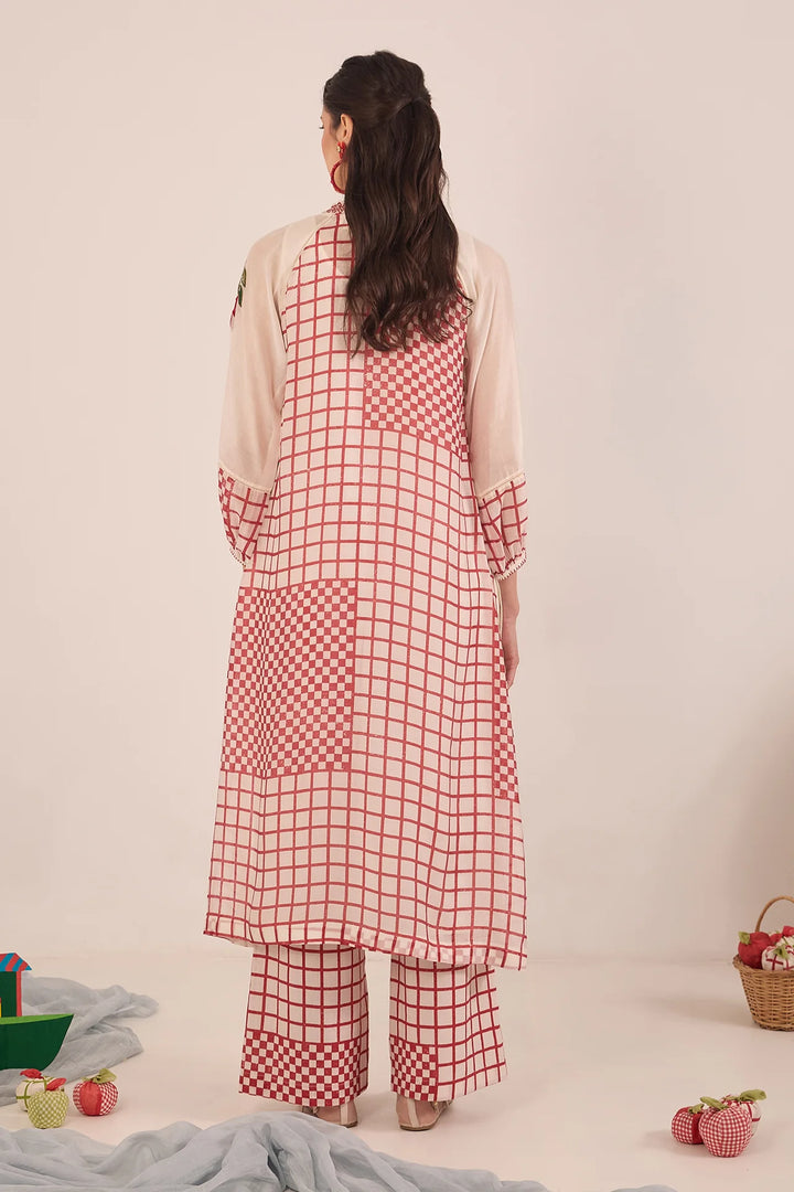 Shirin: Cotton Silk Ivory Red Check Embroidered Kurta Set