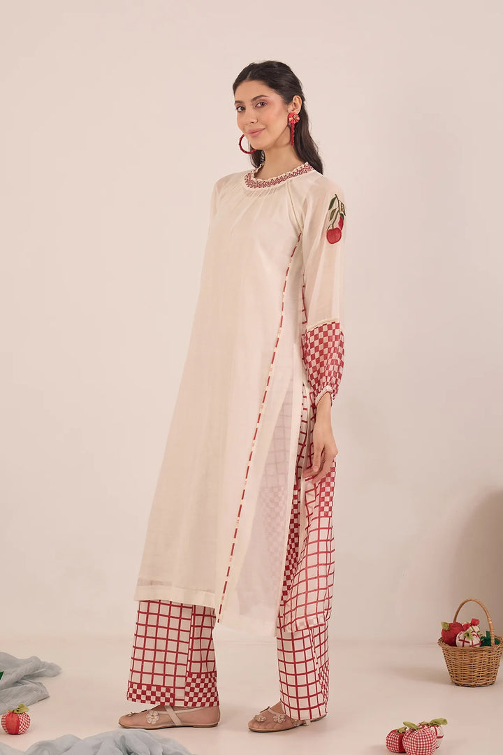 Shirin: Cotton Silk Ivory Red Check Embroidered Kurta Set