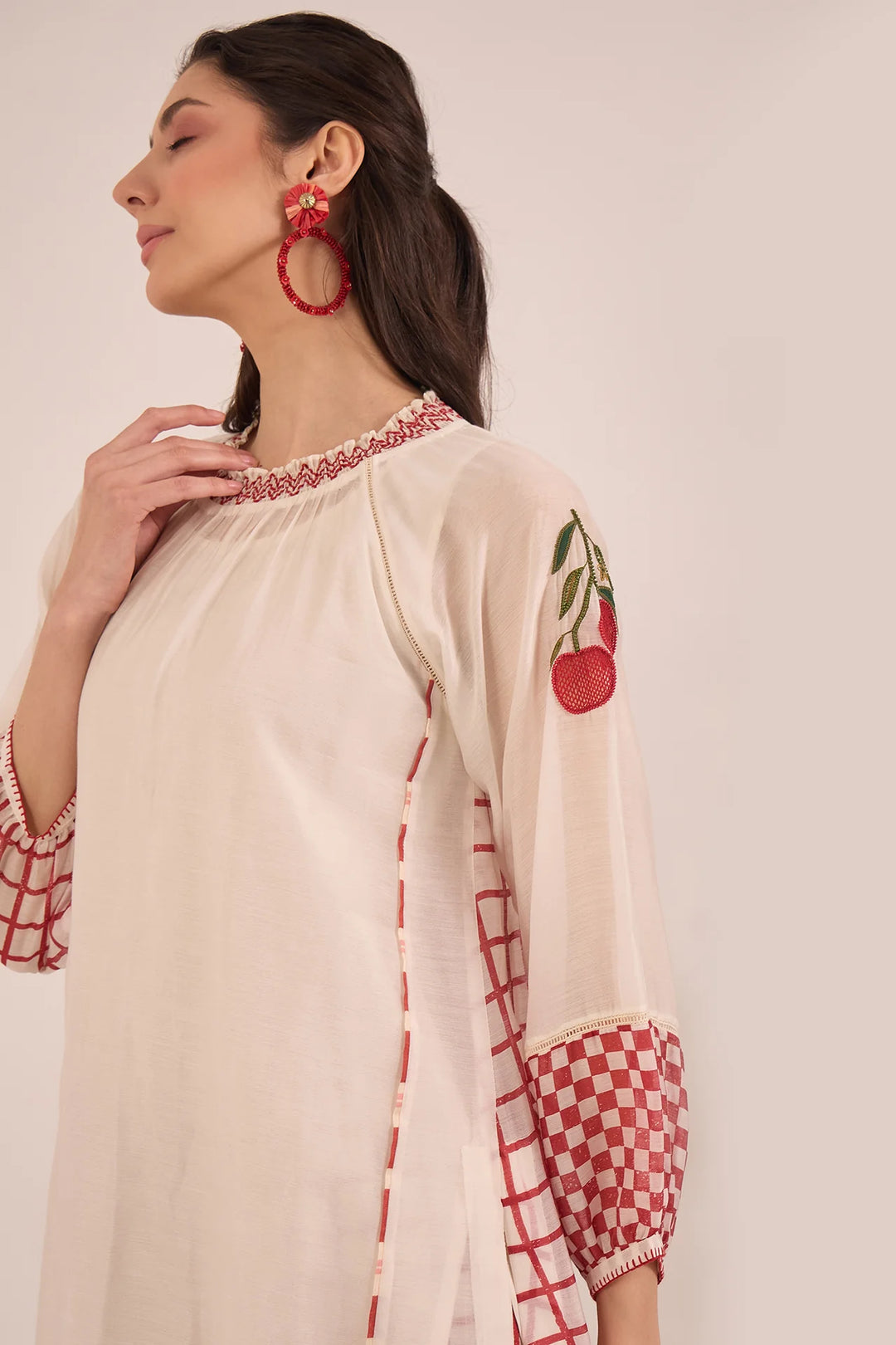 Shirin: Cotton Silk Ivory Red Check Embroidered Kurta Set