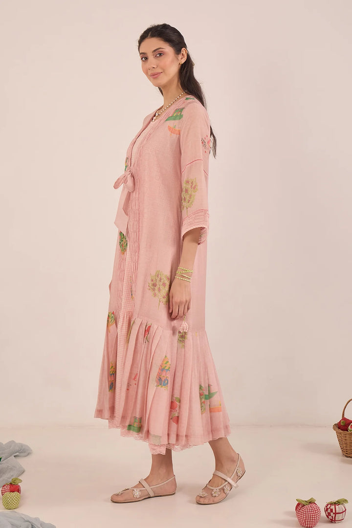 Gulposh: Cotton Silk Pleated Jacket Dress With Cotton Check Inner - Pink