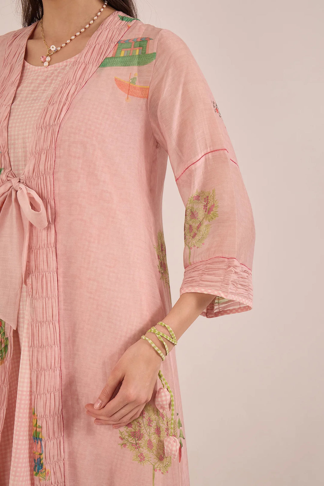 Gulposh: Cotton Silk Pleated Jacket Dress With Cotton Check Inner - Pink