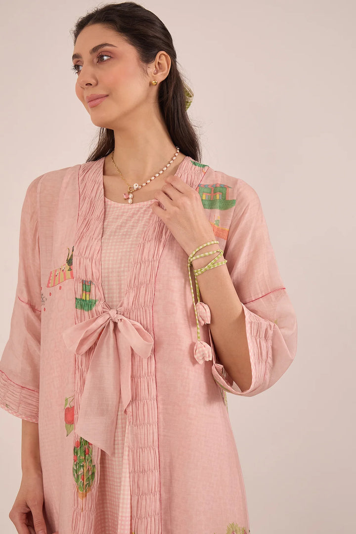 Gulposh: Cotton Silk Pleated Jacket Dress With Cotton Check Inner - Pink