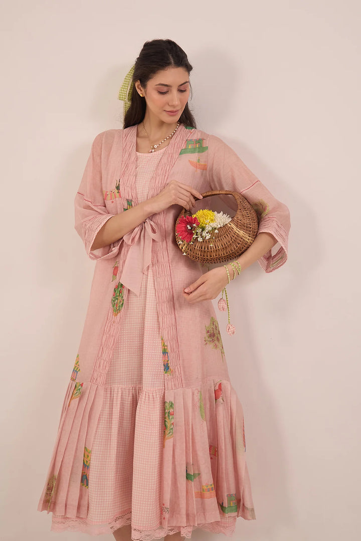 Gulposh: Cotton Silk Pleated Jacket Dress With Cotton Check Inner - Pink