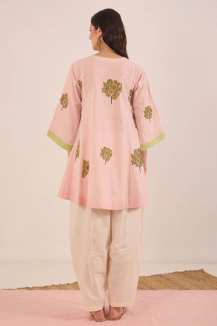 Cotton Check Apple Tree V-neck Top With Boat Pants Coord Set - Pink