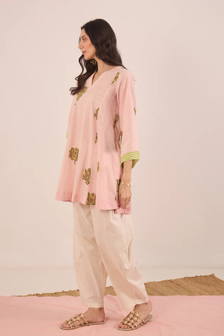 Cotton Check Apple Tree V-neck Top With Boat Pants Coord Set - Pink