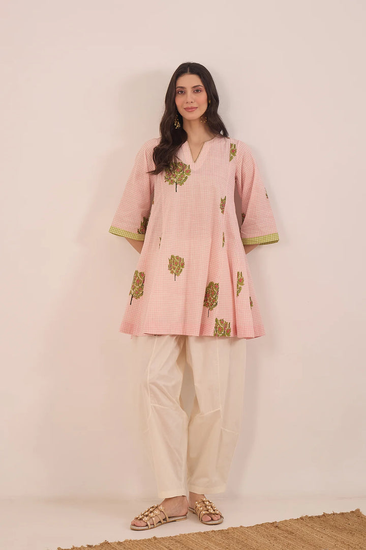 Cotton Check Apple Tree V-neck Top With Boat Pants Coord Set - Pink