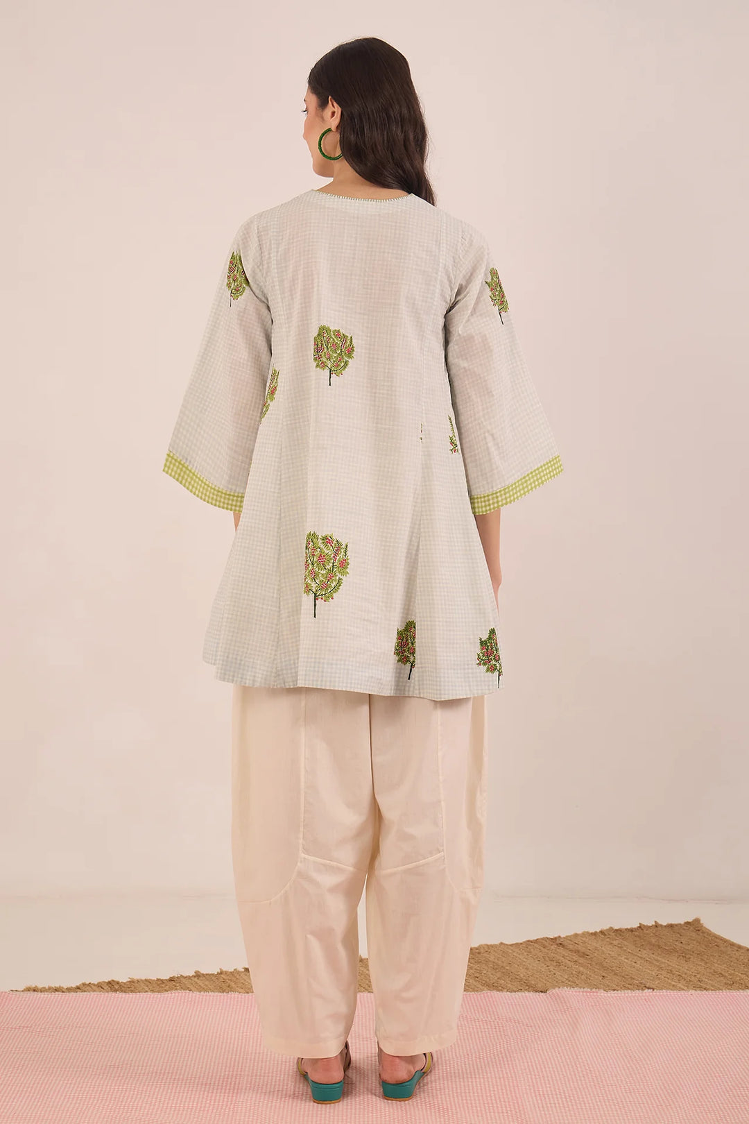 Cotton Blue Check Apple Tree V - Neck Coord Set With Ivory Pants