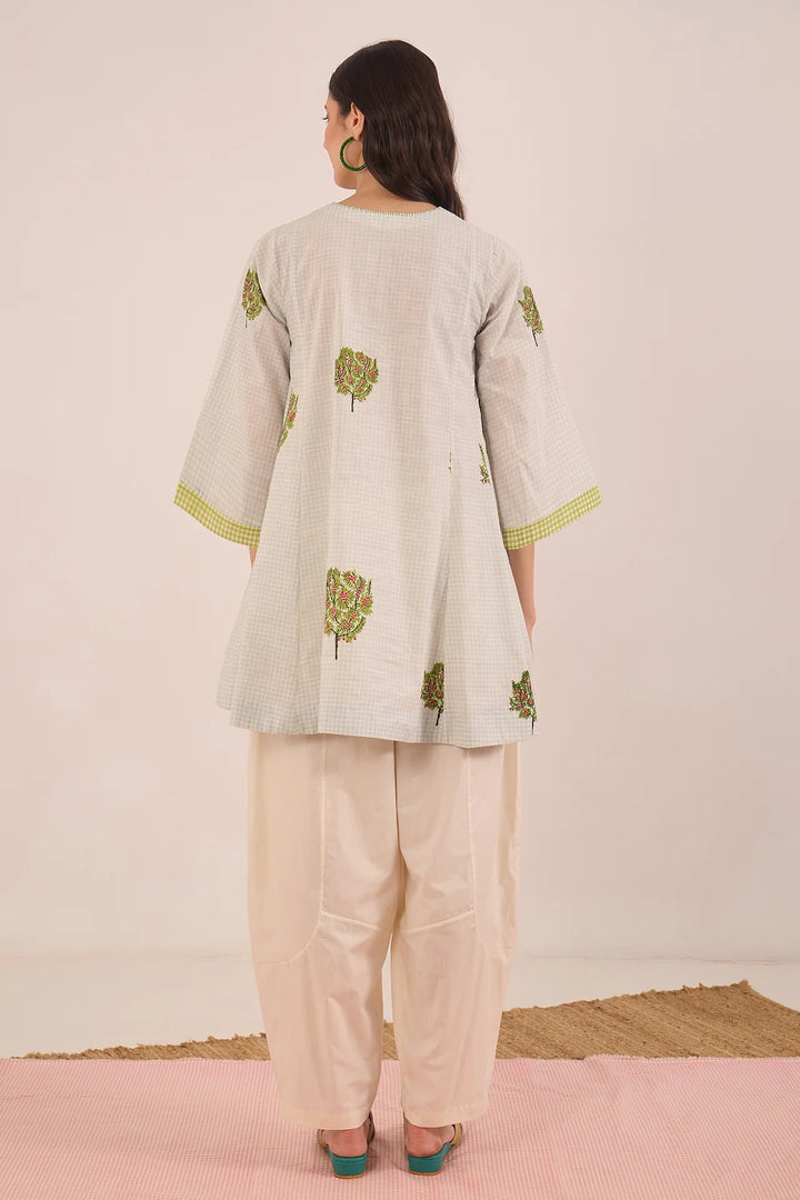 Cotton Blue Check Apple Tree V - Neck Coord Set With Ivory Pants