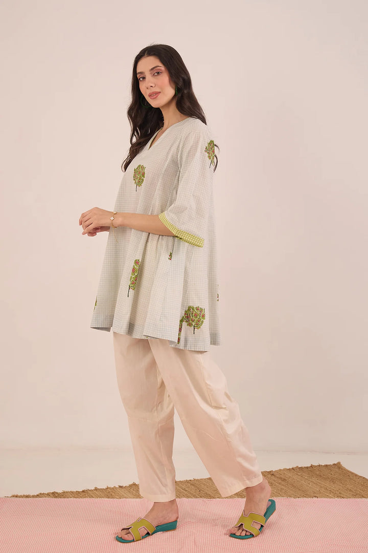 Cotton Blue Check Apple Tree V - Neck Coord Set With Ivory Pants