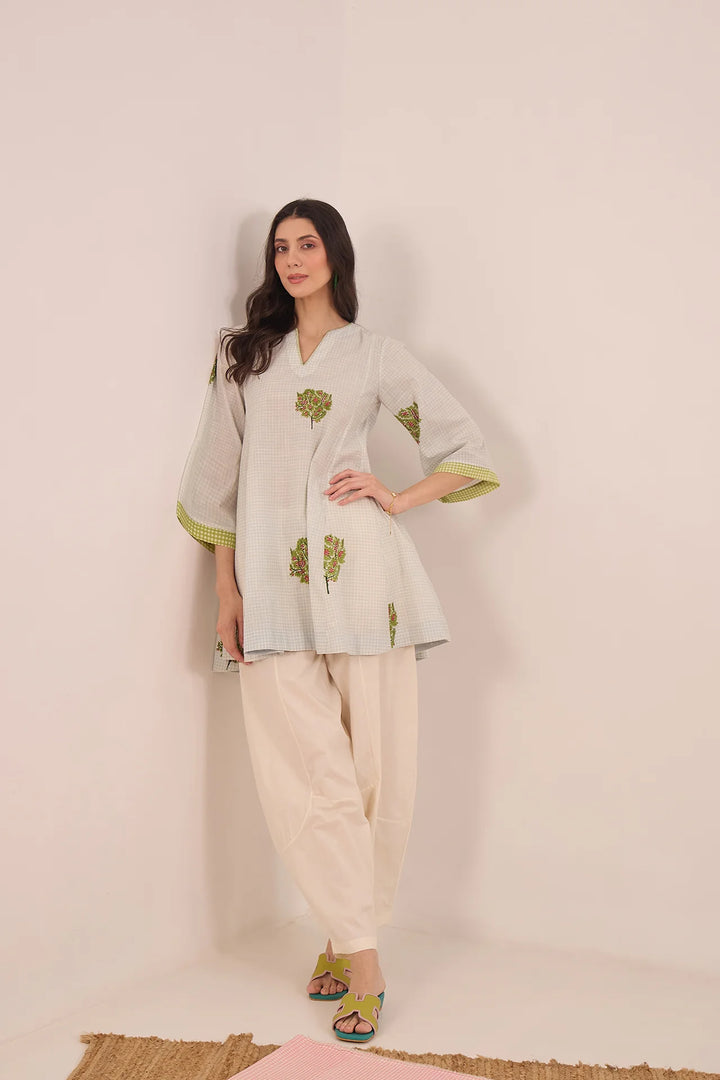Cotton Blue Check Apple Tree V - Neck Coord Set With Ivory Pants