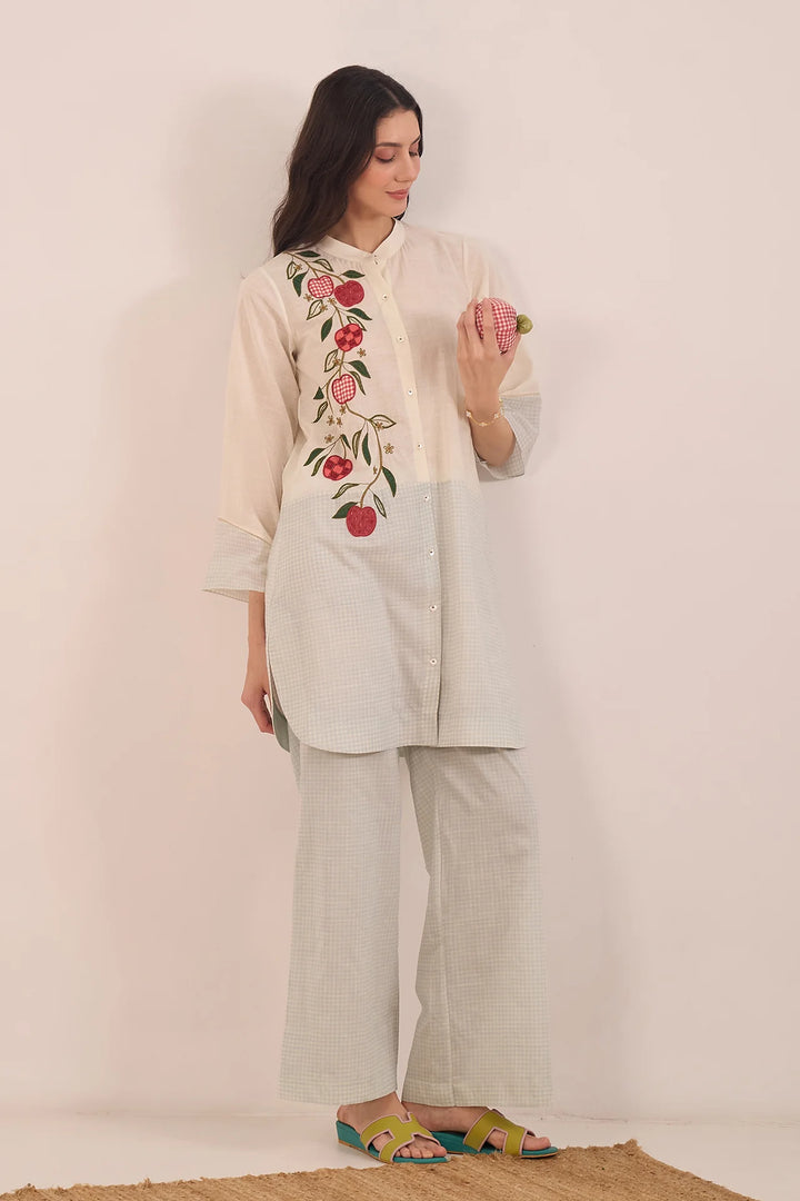 Poma: Cotton Shepherd Check With Apples Tunic- Powder Blue and Ivory