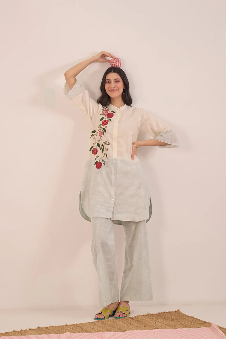 Poma: Cotton Shepherd Check With Apples Tunic- Powder Blue and Ivory