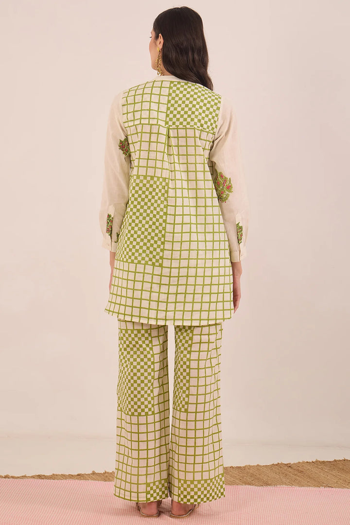 Cotton Apple Tree Tunic With Check Wide Leg Pants Coord Set - Ivory