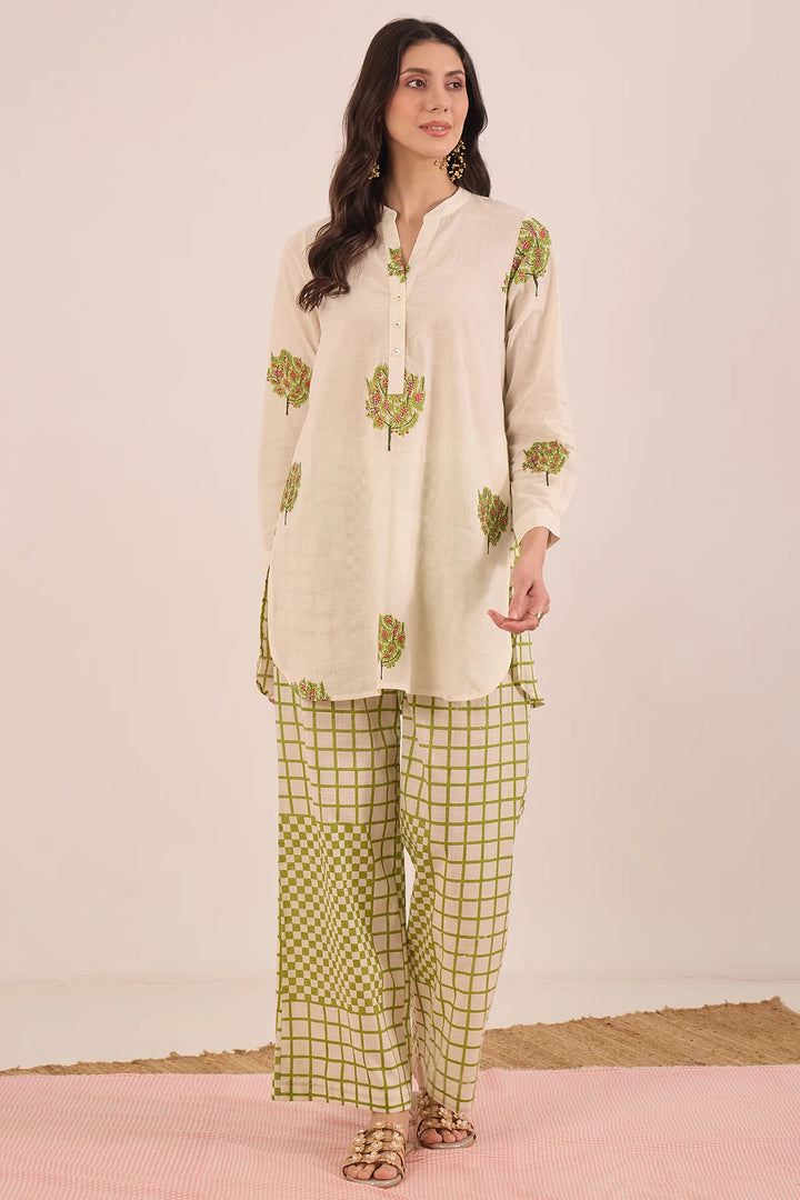 Cotton Apple Tree Tunic With Check Wide Leg Pants Coord Set - Ivory