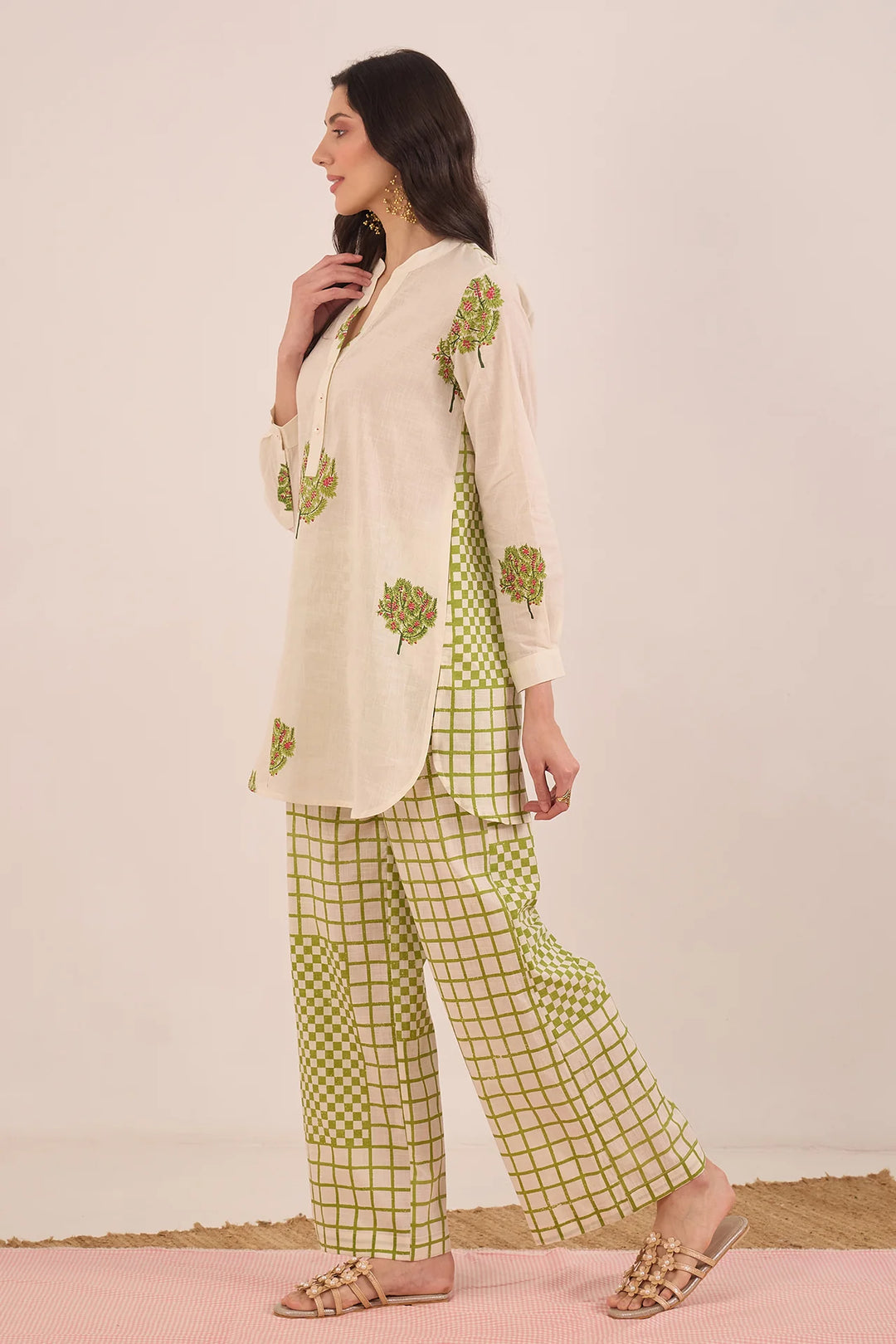 Cotton Apple Tree Tunic With Check Wide Leg Pants Coord Set - Ivory
