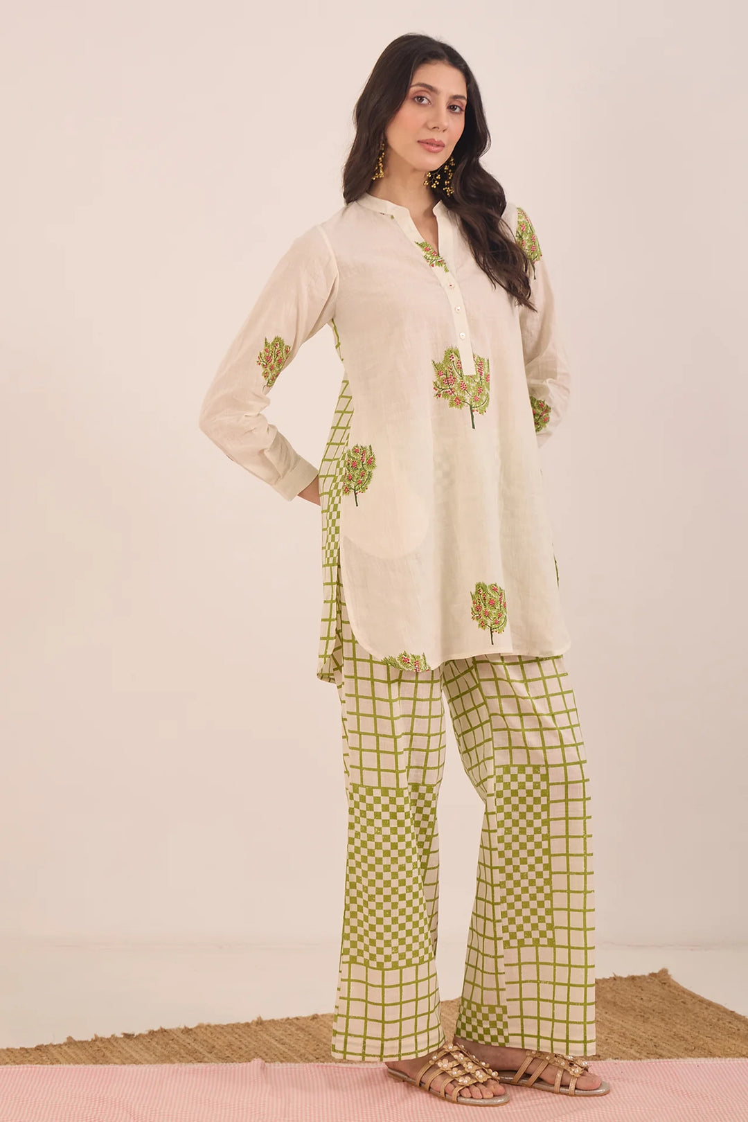 Cotton Apple Tree Tunic With Check Wide Leg Pants Coord Set - Ivory