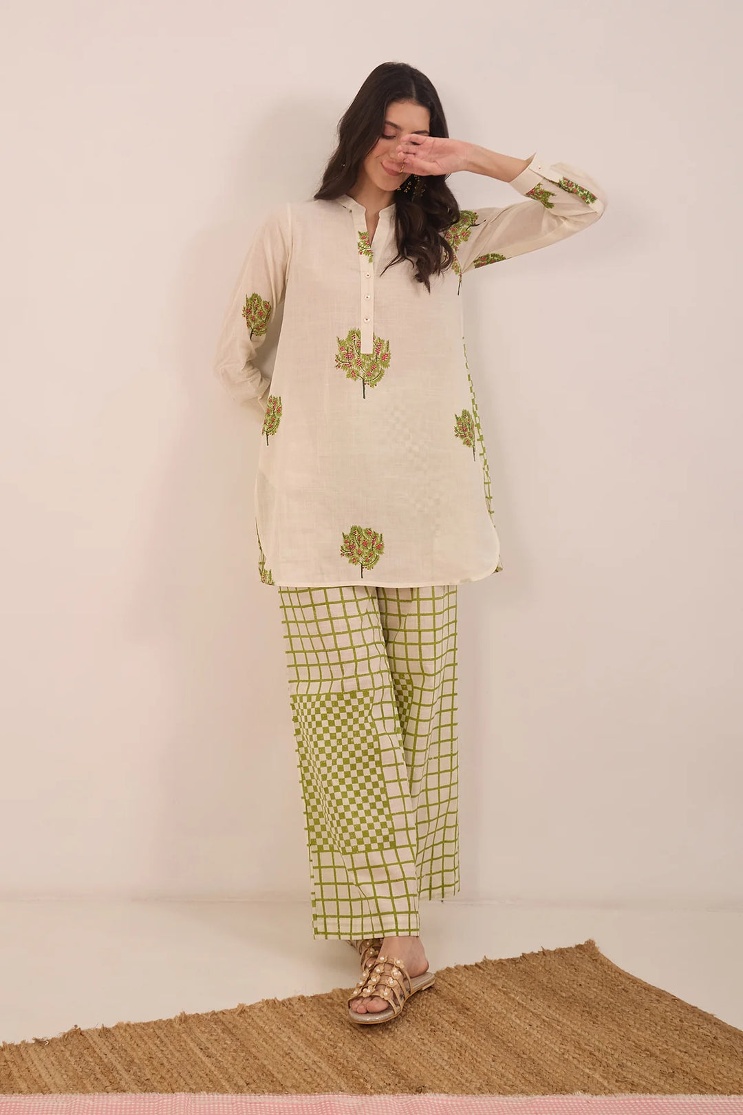 Cotton Apple Tree Tunic With Check Wide Leg Pants Coord Set - Ivory
