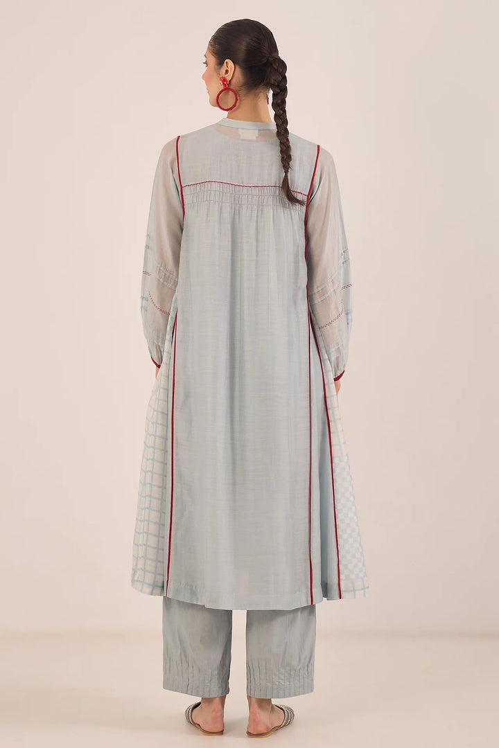 Firdaus: Chanderi Side Check Kali Embroidered Kurta Set Powder Blue and Red