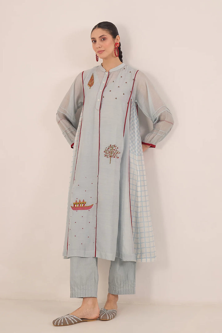 Firdaus: Chanderi Side Check Kali Embroidered Kurta Set Powder Blue and Red