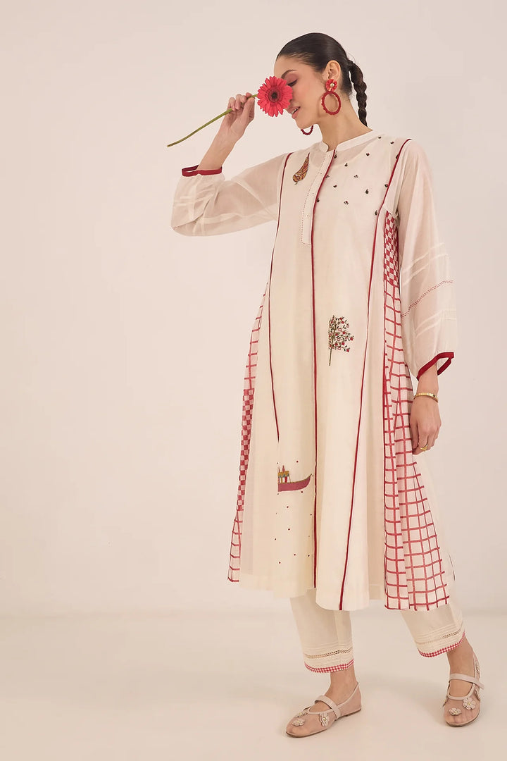 Firdaus: Chanderi Side Check Kali Embroidered Kurta Set Ivory and Red