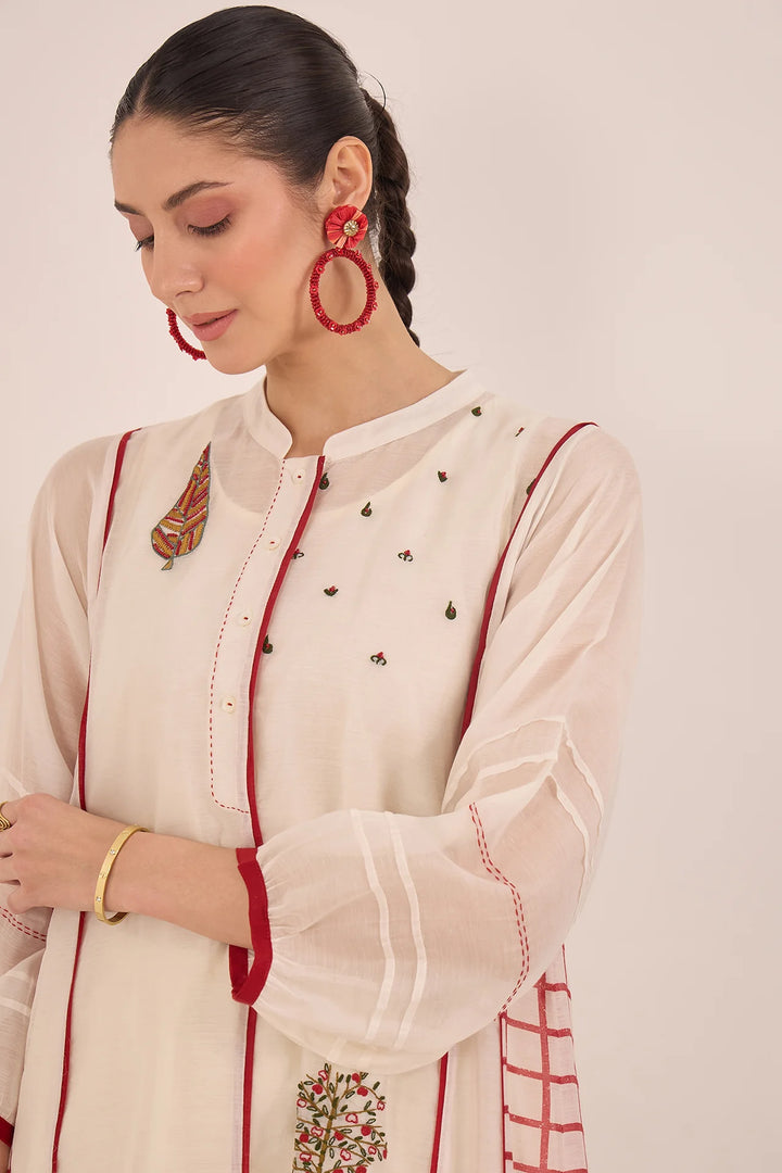 Firdaus: Chanderi Side Check Kali Embroidered Kurta Set Ivory and Red