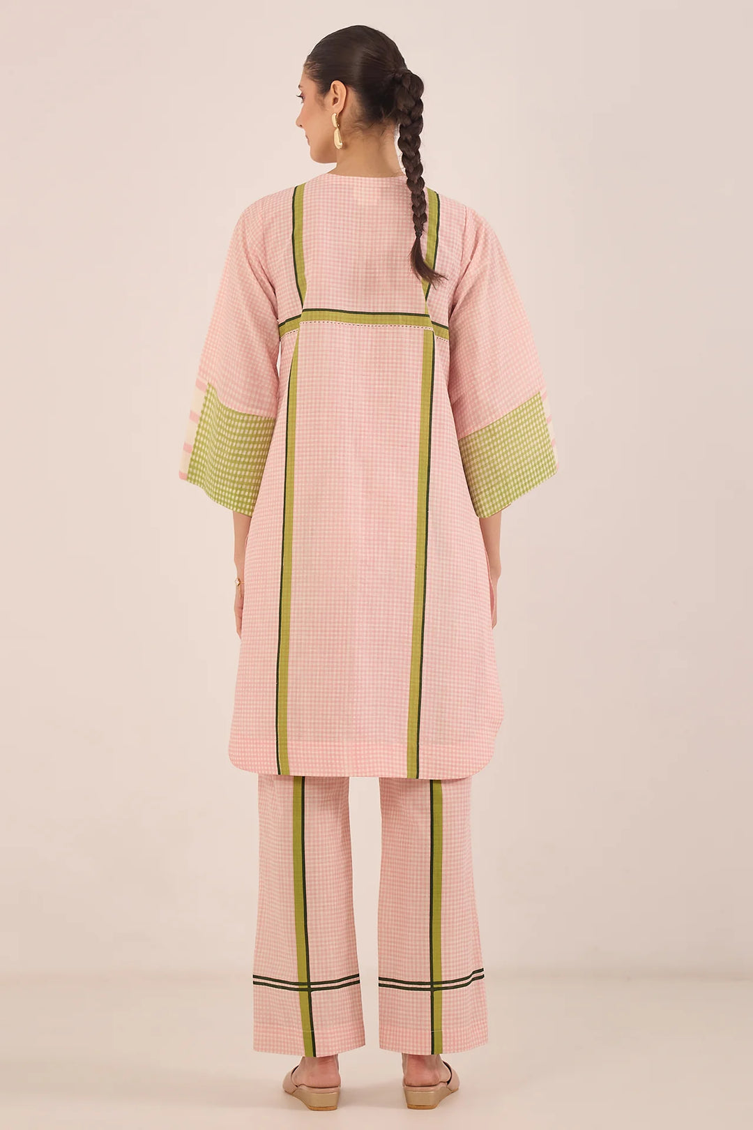 Gul: Cotton Shepherd Check With Stripe Coord Set - Pink