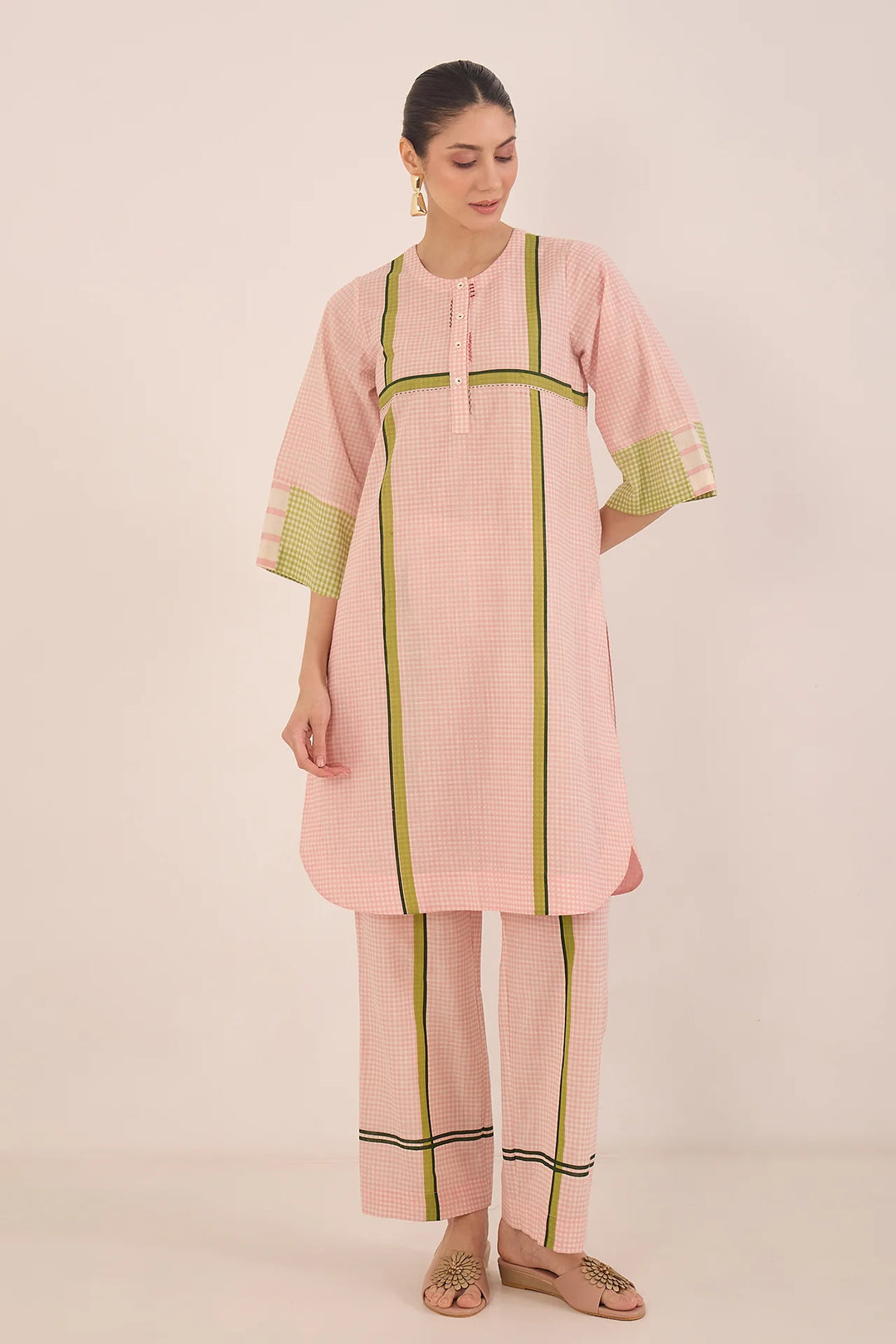 Gul: Cotton Shepherd Check With Stripe Coord Set - Pink