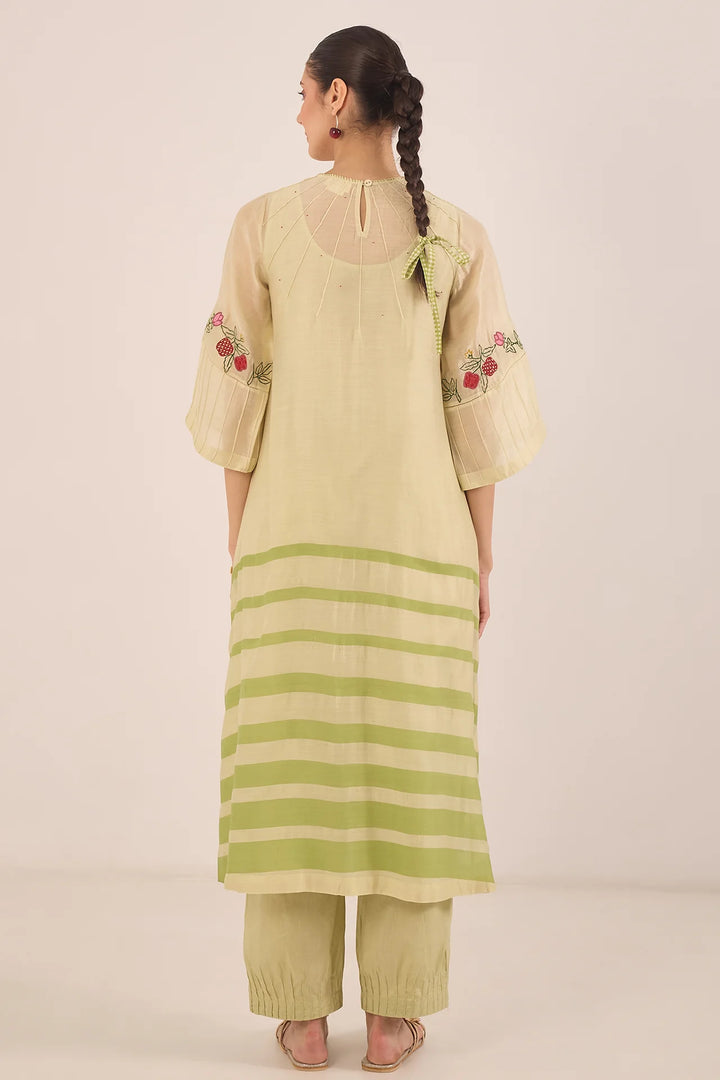 Chinar: Chanderi Floral Embroidery With Stripes Kurta Set - Green