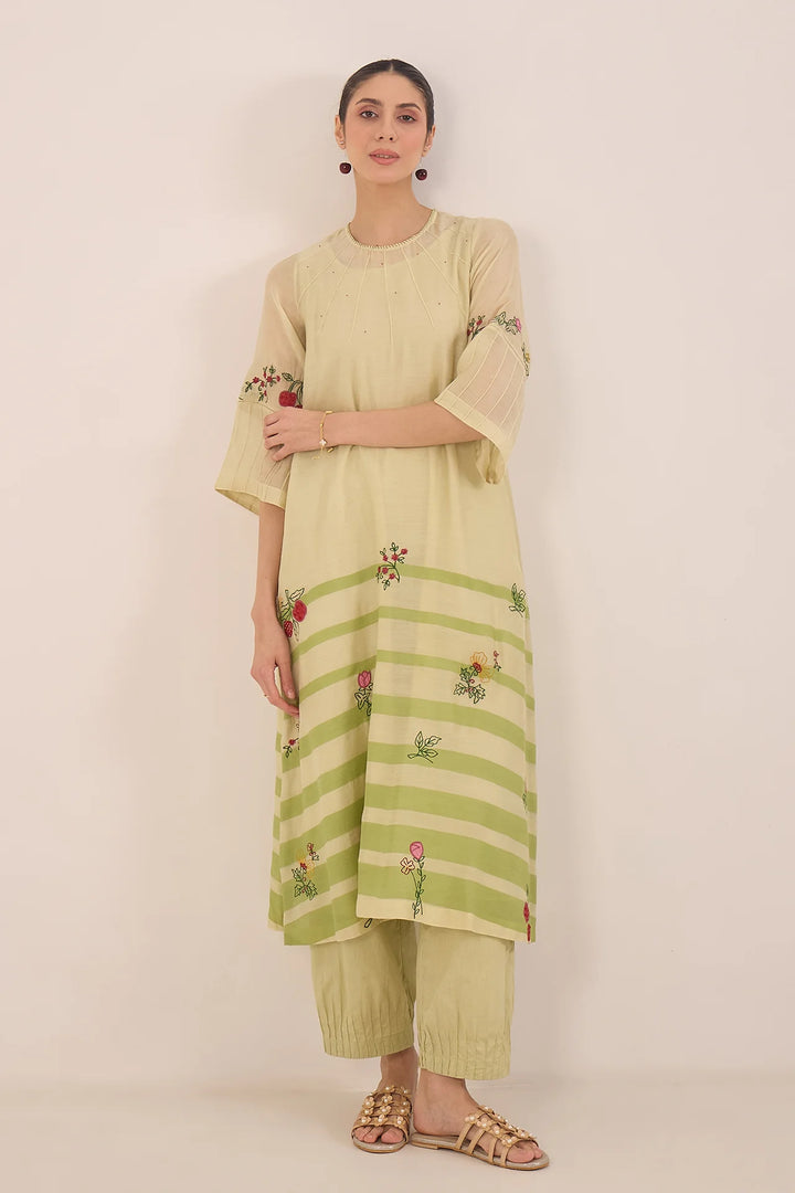 Chinar: Chanderi Floral Embroidery With Stripes Kurta Set - Green