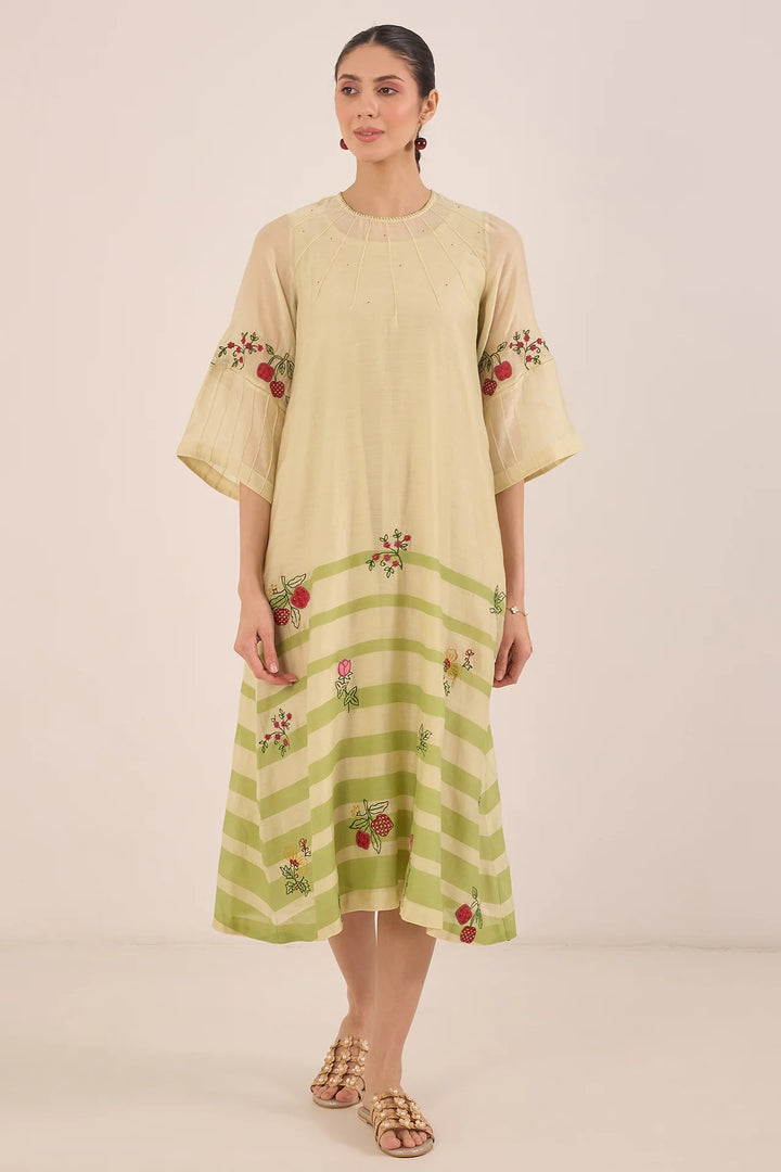 Chinar: Chanderi Floral Embroidery With Stripes Kurta Set - Green