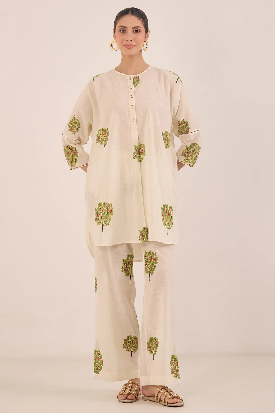 Cotton Apple Tree Kimono Coord Set - Ivory
