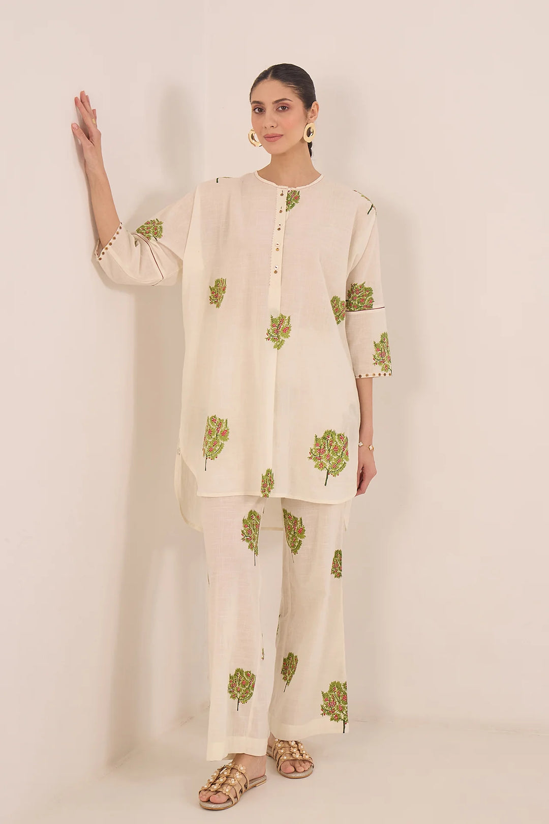 Cotton Apple Tree Kimono Coord Set - Ivory