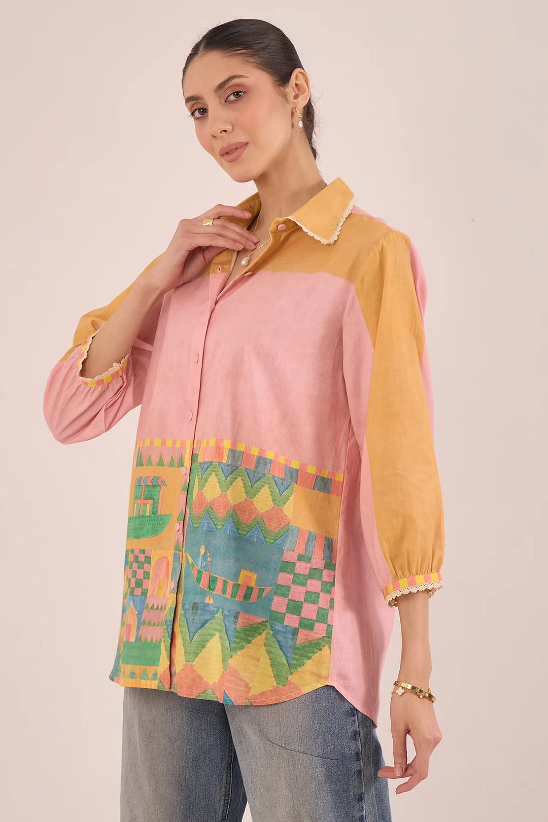 Kahwa: Cotton Color Block Shirt