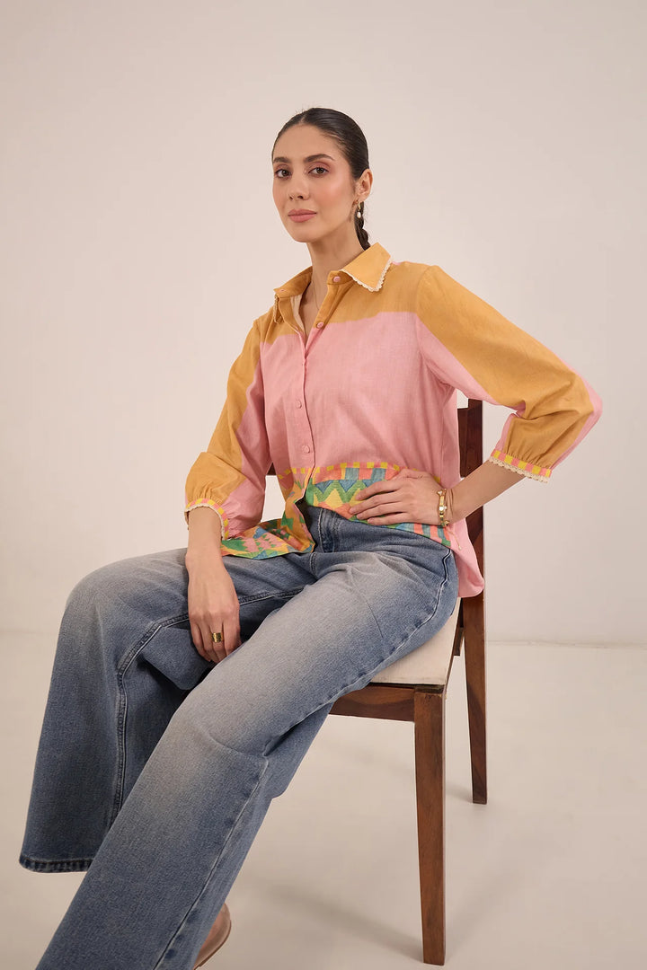 Kahwa: Cotton Color Block Shirt